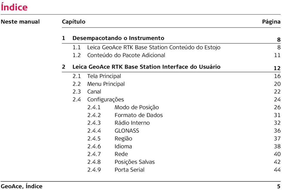 2 Conteúdo do Pacote Adicional 11 2 Leica GeoAce RTK Base Station Interface do Usuário 12 2.1 Tela Principal 16 2.