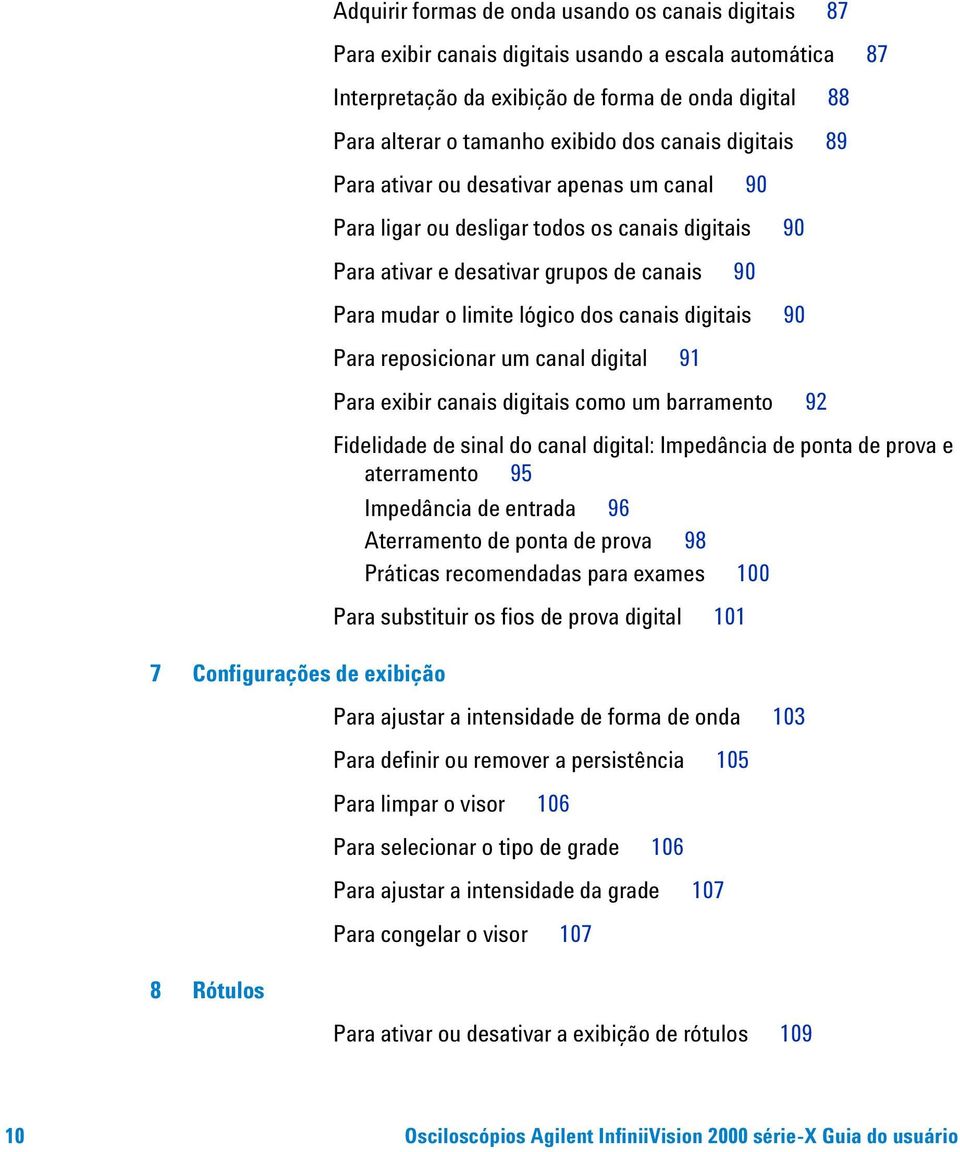 Para mudar o limite lógico dos canais digitais 90 Para reposicionar um canal digital 91 Para exibir canais digitais como um barramento 92 Fidelidade de sinal do canal digital: Impedância de ponta de