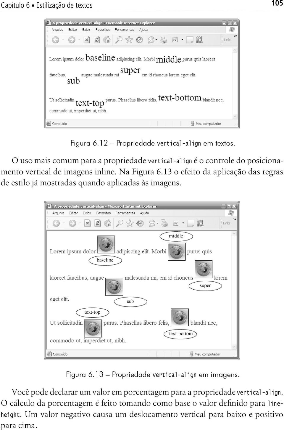 13 o efeito da aplicação das regras de estilo já mostradas quando aplicadas às imagens. Figura 6.13 Propriedade vertical-align em imagens.