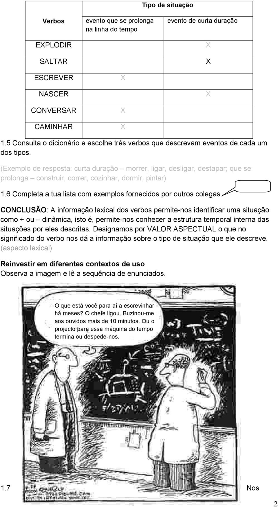 (Exemplo de resposta: curta duração morrer, ligar, desligar, destapar; que se prolonga construir, correr, cozinhar, dormir, pintar) 1.6 Completa a tua lista com exemplos fornecidos por outros colegas.