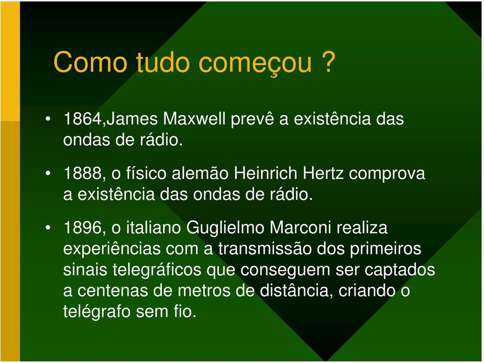 1896, o italiano Guglielmo Marconi realiza experiências com a transmissão dos primeiros