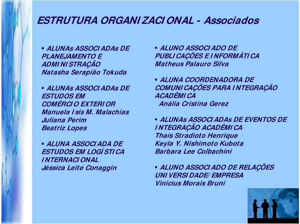 Malachias Juliana Perim Beatriz Lopes ALUNA ASSOCIADA DE ESTUDOS EM LOGÍSTICA INTERNACIONAL Jéssica Leite Conaggin ALUNO ASSOCIADO DE PUBLICAÇÕES E INFORMÁTICA