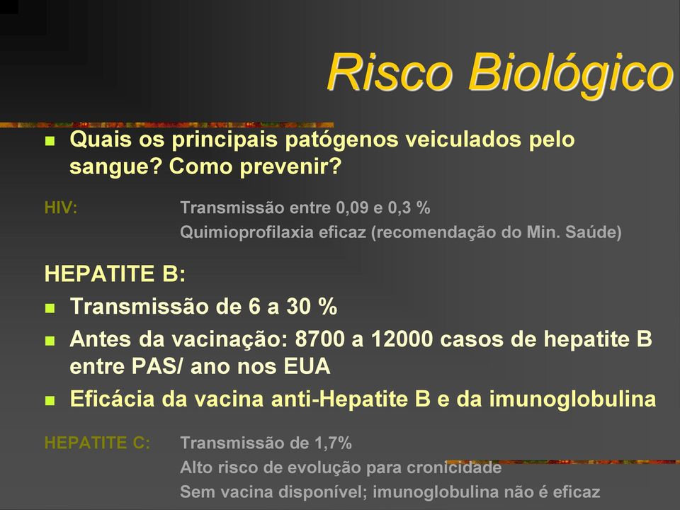 Saúde) Transmissão de 6 a 30 % Antes da vacinação: 8700 a 12000 casos de hepatite B entre PAS/ ano nos EUA Eficácia