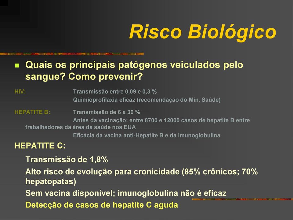 Saúde) HEPATITE B: Transmissão de 6 a 30 % Antes da vacinação: entre 8700 e 12000 casos de hepatite B entre trabalhadores da área da saúde