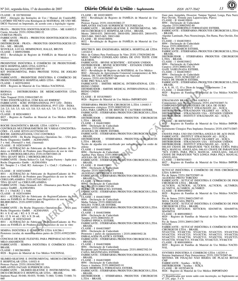 ODONTOLOGICOS LTDA - DISTRIBUIDOR : PRATA - PRODUTOS ODONTOLOGICOS LT- DA - SCOVILLE, LUCAS, HEMINGWAY, HALLE, BRUNS CLASSE : I 8009550006 803 - Revalidação de Registro de FAMÍLIA de Material de Uso