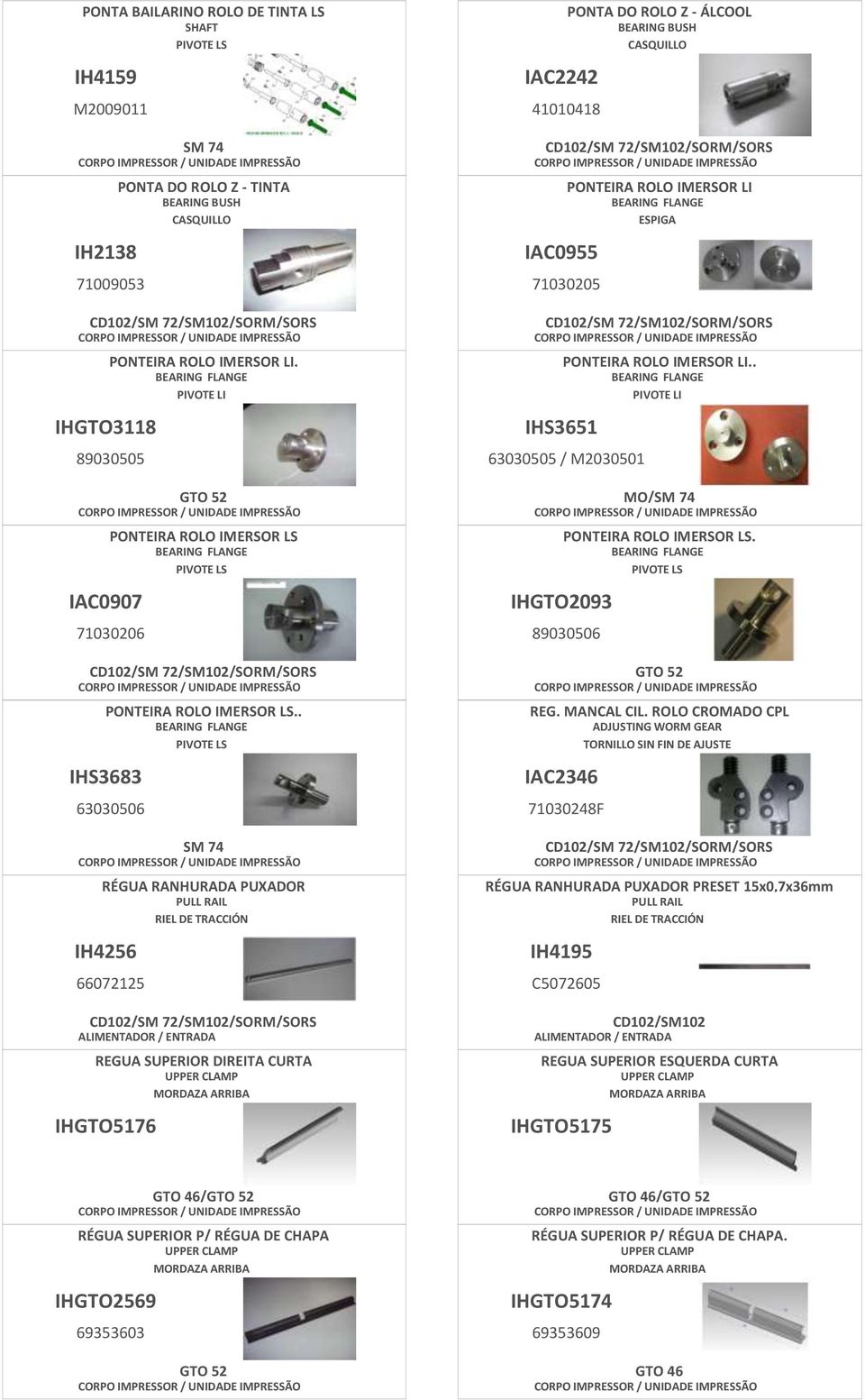 . BEARING FLANGE PIVOTE LS IHS3683 63030506 RÉGUA RANHURADA PUXADOR PULL RAIL RIEL DE TRACCIÓN IH4256 66072125 REGUA SUPERIOR DIREITA CURTA IHGTO5176 UPPER CLAMP MORDAZA ARRIBA IAC2242 41010418 PONTA