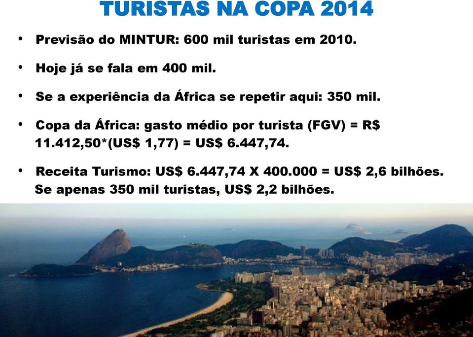 Copa da África: gasto médio por turista (FGV) = R$ 11.412,50*(US$ 1,77) = US$ 6.