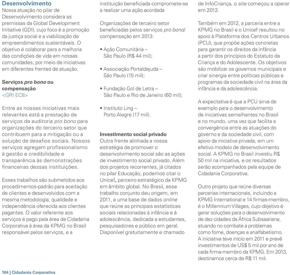 Serviços pro bono ou compensação <GRI EC8> Entre as nossas iniciativas mais relevantes está a prestação de serviços de auditoria pro bono para organizações do terceiro setor que contribuem para a