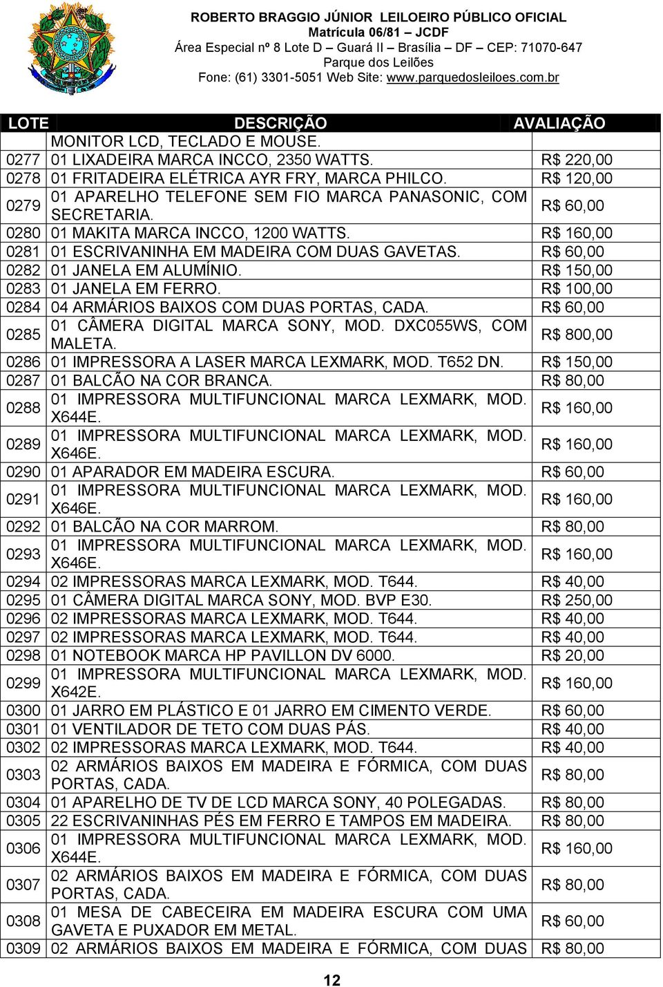 R$ 150,00 0283 01 JANELA EM FERRO. 0284 04 ARMÁRIOS BAIXOS COM DUAS PORTAS, CADA. 01 CÂMERA DIGITAL MARCA SONY, MOD. DXC055WS, COM 0285 MALETA. R$ 800,00 0286 01 IMPRESSORA A LASER MARCA LEXMARK, MOD.