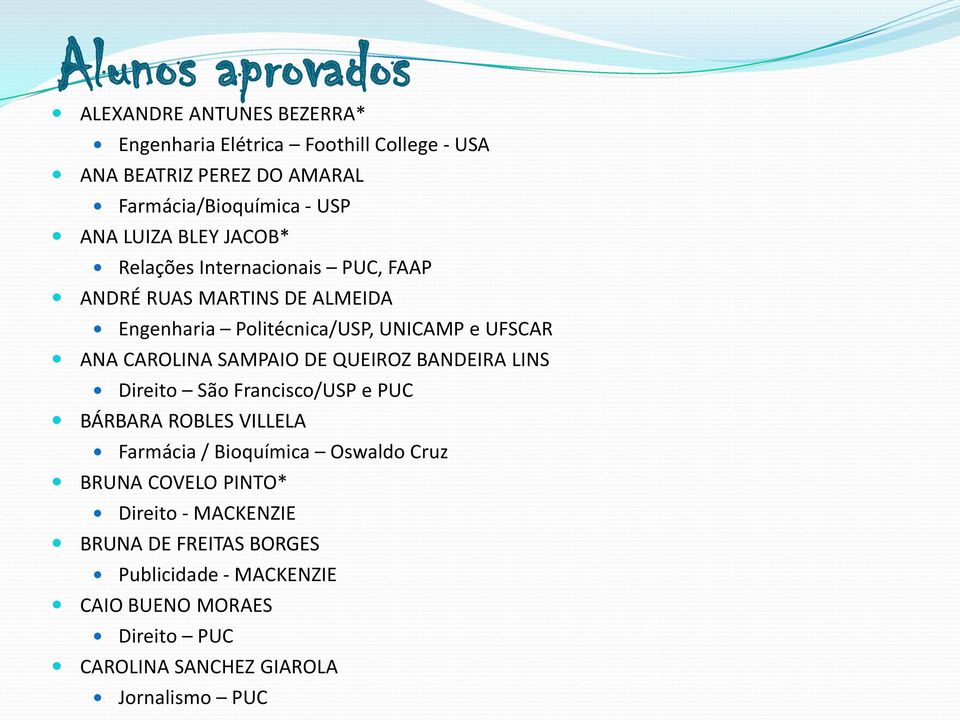 SAMPAIO DE QUEIROZ BANDEIRA LINS Direito São Francisco/USP e PUC BÁRBARA ROBLES VILLELA Farmácia / Bioquímica Oswaldo Cruz BRUNA COVELO