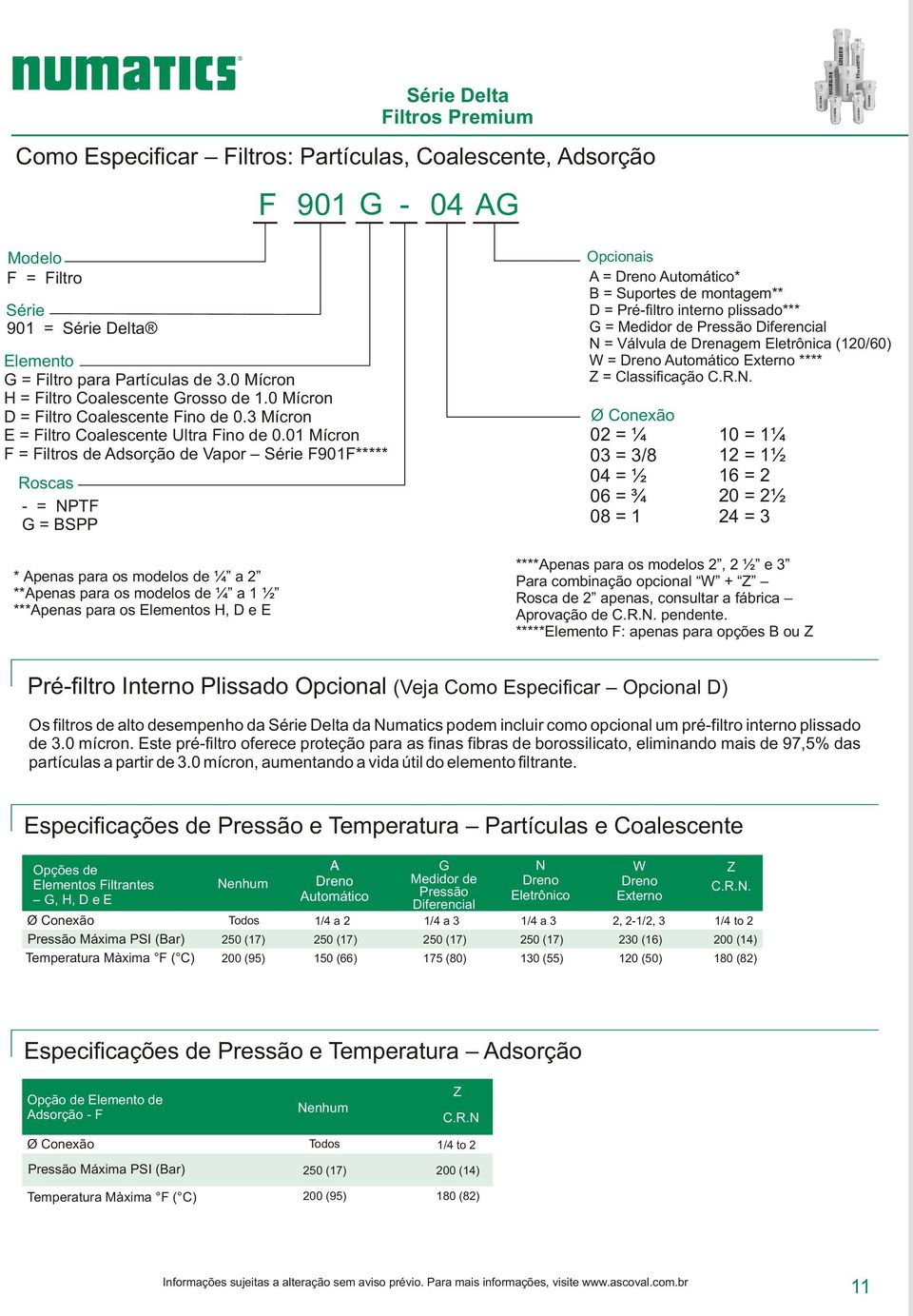 01 Mícron F = Filtros de Adsorção de Vapor Série F901F***** Roscas - = NPTF G = BSPP * Apenas para os modelos de ¼ a 2 **Apenas para os modelos de ¼ a 1 ½ ***Apenas para os Elementos H, D e E