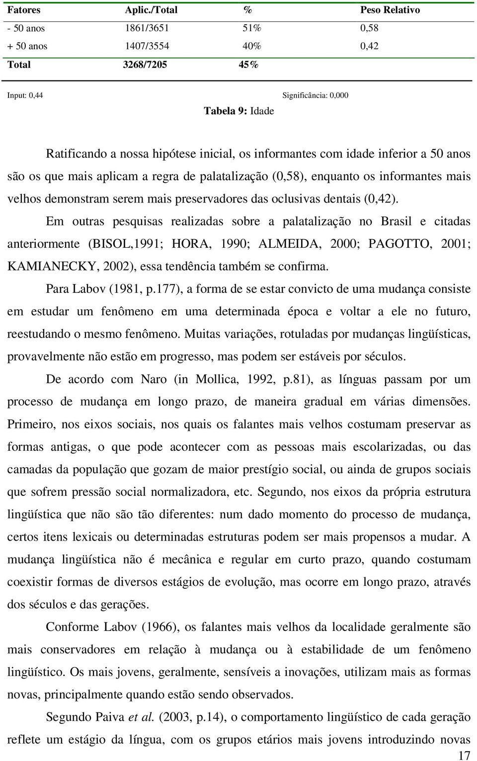 informantes com idade inferior a 50 anos são os que mais aplicam a regra de palatalização (0,58), enquanto os informantes mais velhos demonstram serem mais preservadores das oclusivas dentais (0,42).