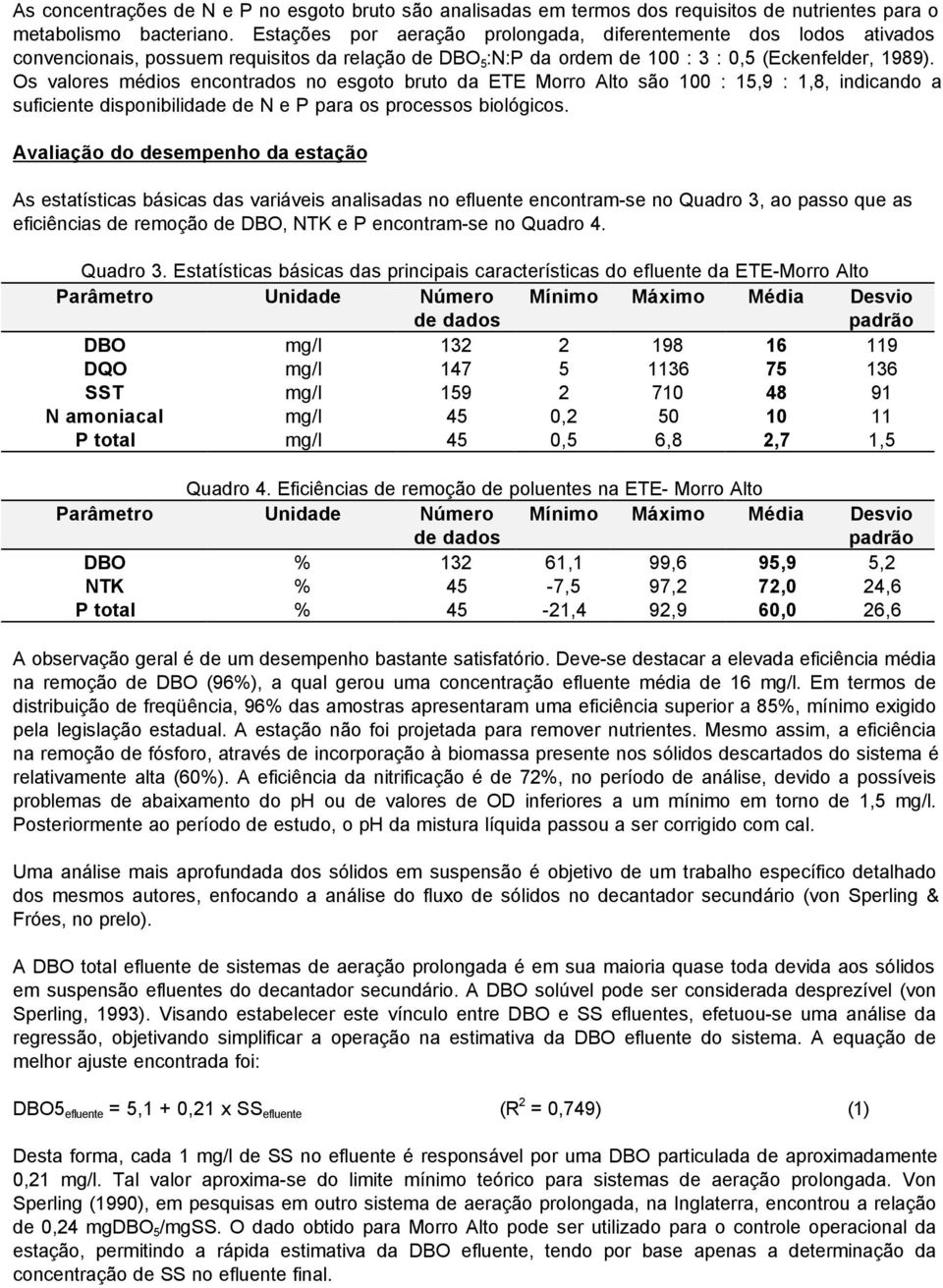 Os valores médios encontrados no esgoto bruto da ETE Morro Alto são 100 : 15,9 : 1,8, indicando a suficiente disponibilidade de N e P para os processos biológicos.