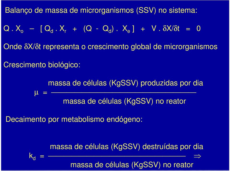 massa de células (KgSSV) produzidas por dia µ = massa de células (KgSSV) no reator Decaimento por