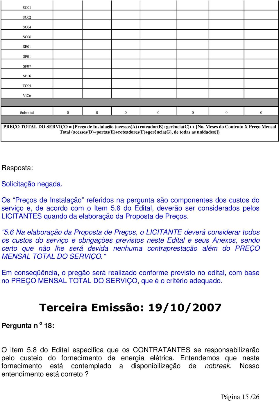 Os Preços de Instalação referidos na pergunta são componentes dos custos do serviço e, de acordo com o Item 5.