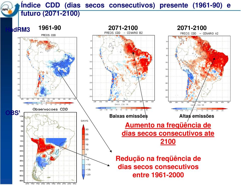 Altas emissões Aumento na freqüência de dias secos consecutivos ate