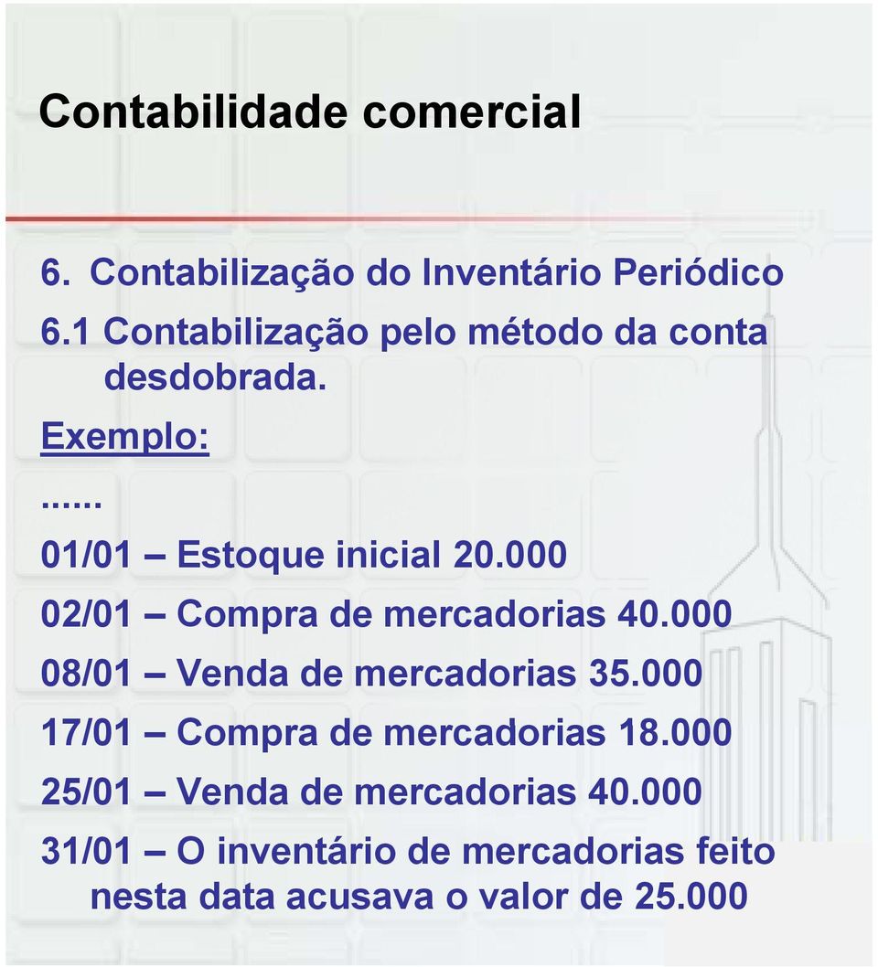 000 02/01 Compra de mercadorias 40.000 08/01 Venda de mercadorias 35.