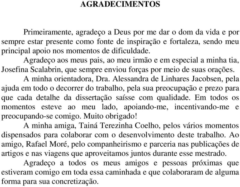 Alessandra de Linhares Jacobsen, pela ajuda em todo o decorrer do trabalho, pela sua preocupação e prezo para que cada detalhe da dissertação saísse com qualidade.