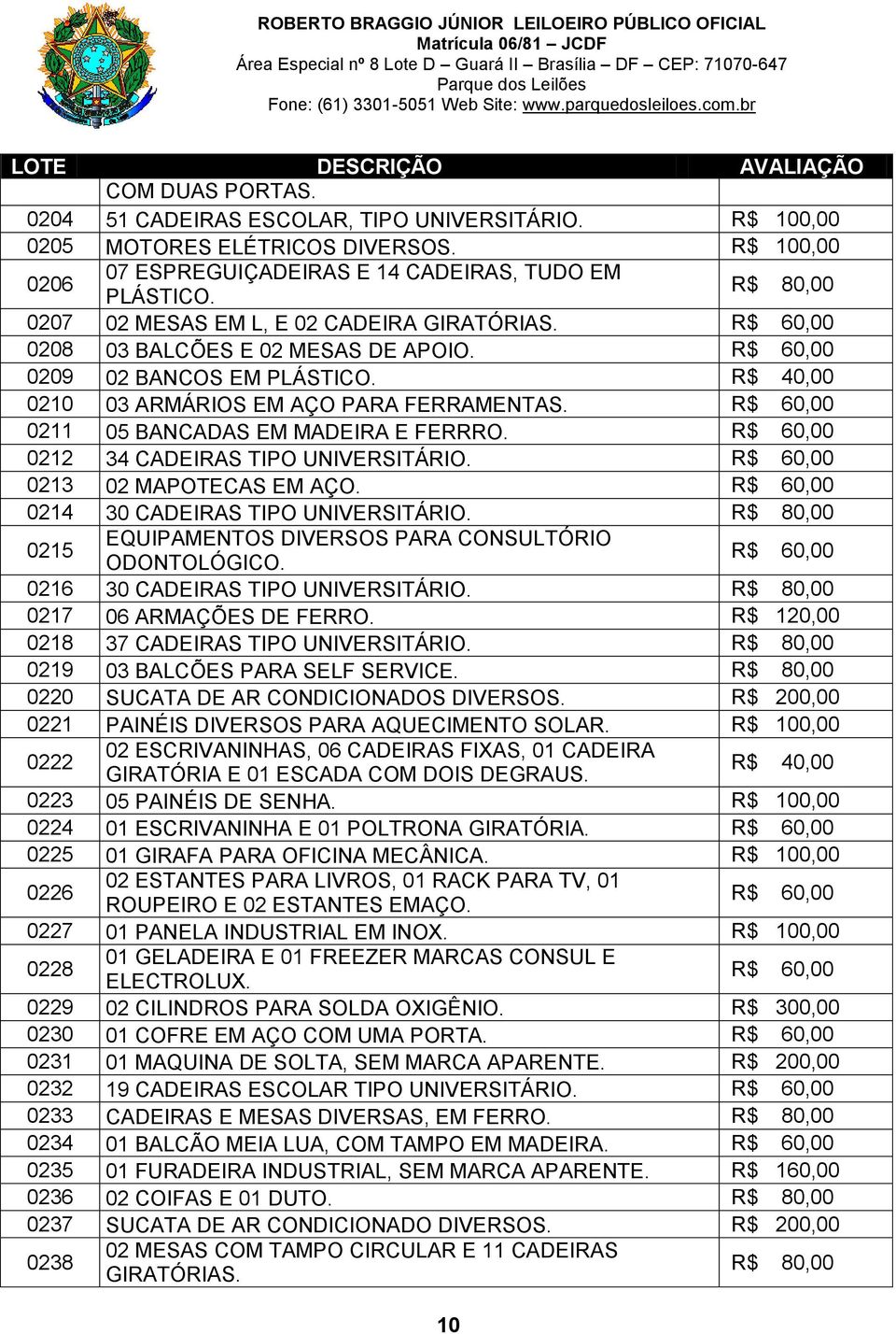 0213 02 MAPOTECAS EM AÇO. 0214 30 CADEIRAS TIPO UNIVERSITÁRIO. 0215 EQUIPAMENTOS DIVERSOS PARA CONSULTÓRIO ODONTOLÓGICO. 0216 30 CADEIRAS TIPO UNIVERSITÁRIO. 0217 06 ARMAÇÕES DE FERRO.