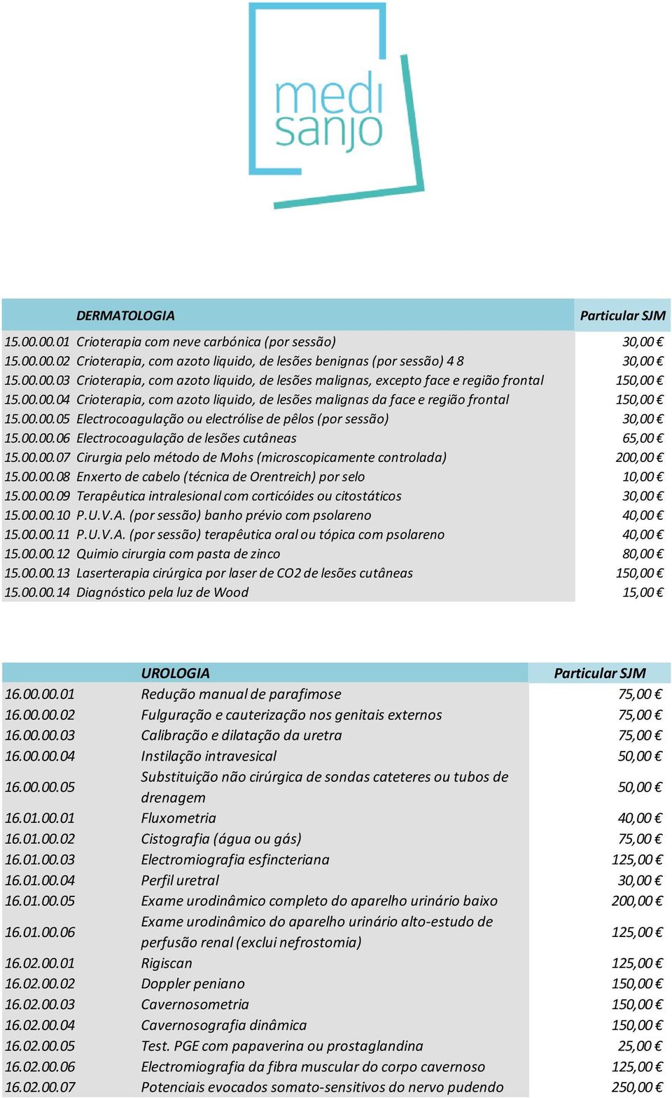 00.00.07 Cirurgia pelo método de Mohs (microscopicamente controlada) 200,00 15.00.00.08 Enxerto de cabelo (técnica de Orentreich) por selo 10,00 15.00.00.09 Terapêutica intralesional com corticóides ou citostáticos 30,00 15.