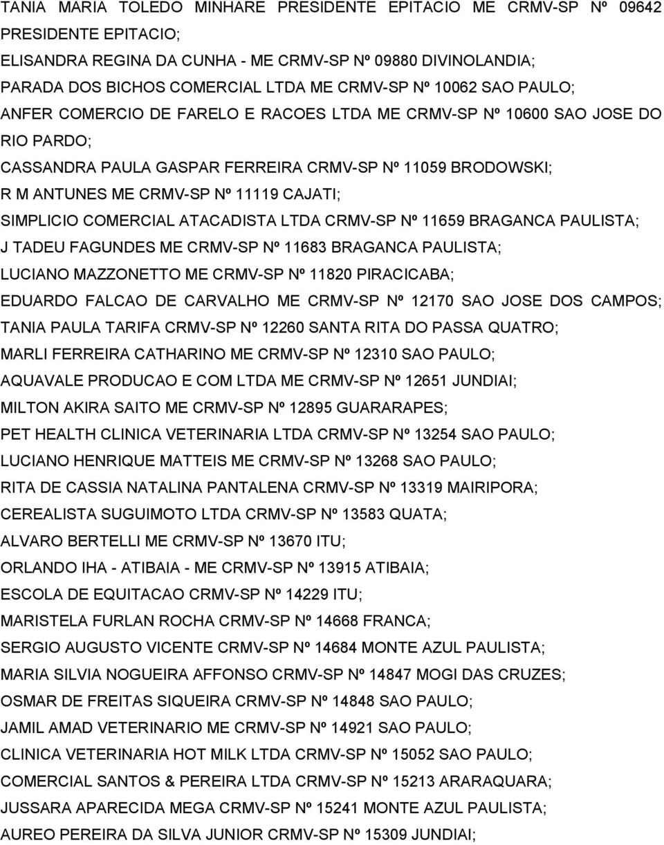 SIMPLICIO COMERCIAL ATACADISTA LTDA CRMV-SP Nº 11659 BRAGANCA PAULISTA; J TADEU FAGUNDES ME CRMV-SP Nº 11683 BRAGANCA PAULISTA; LUCIANO MAZZONETTO ME CRMV-SP Nº 11820 PIRACICABA; EDUARDO FALCAO DE