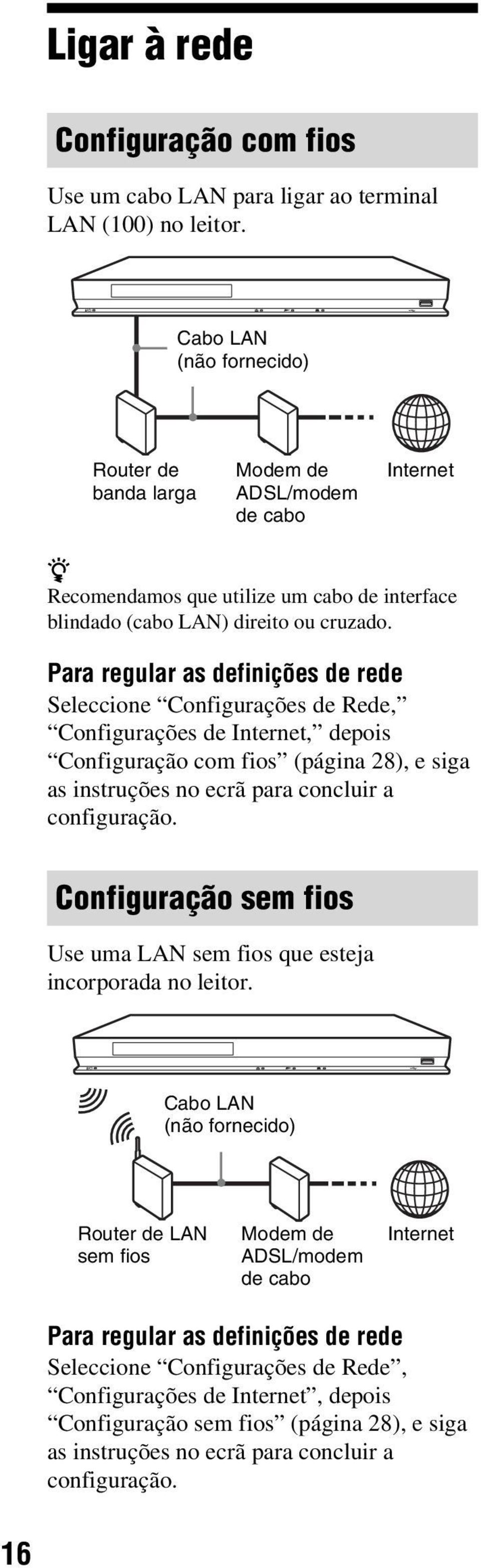 Para regular as definições de rede Seleccione Configurações de Rede, Configurações de Internet, depois Configuração com fios (página 28), e siga as instruções no ecrã para concluir a configuração.