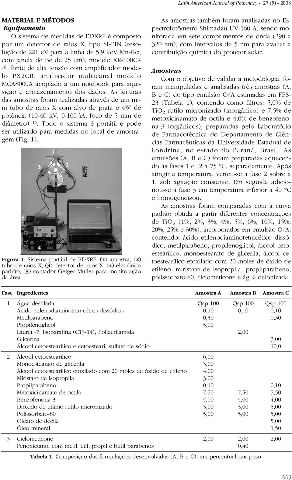 armazenamento dos dados. As leituras das amostras foram realizadas através de um mini tubo de raios X com alvo de prata e 4W de potência (10-40 kv, 0-100 ìa, foco de 5 mm de diâmetro) 12.