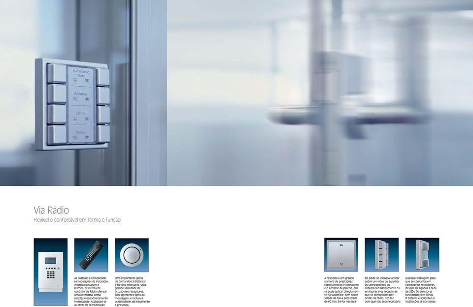 Uma importante gama de comandos à distância e botões emissores. Uma grande variedade de actuadores receptores, para diferentes tipos de montagem, e inclusive os detectores de movimento e presença.