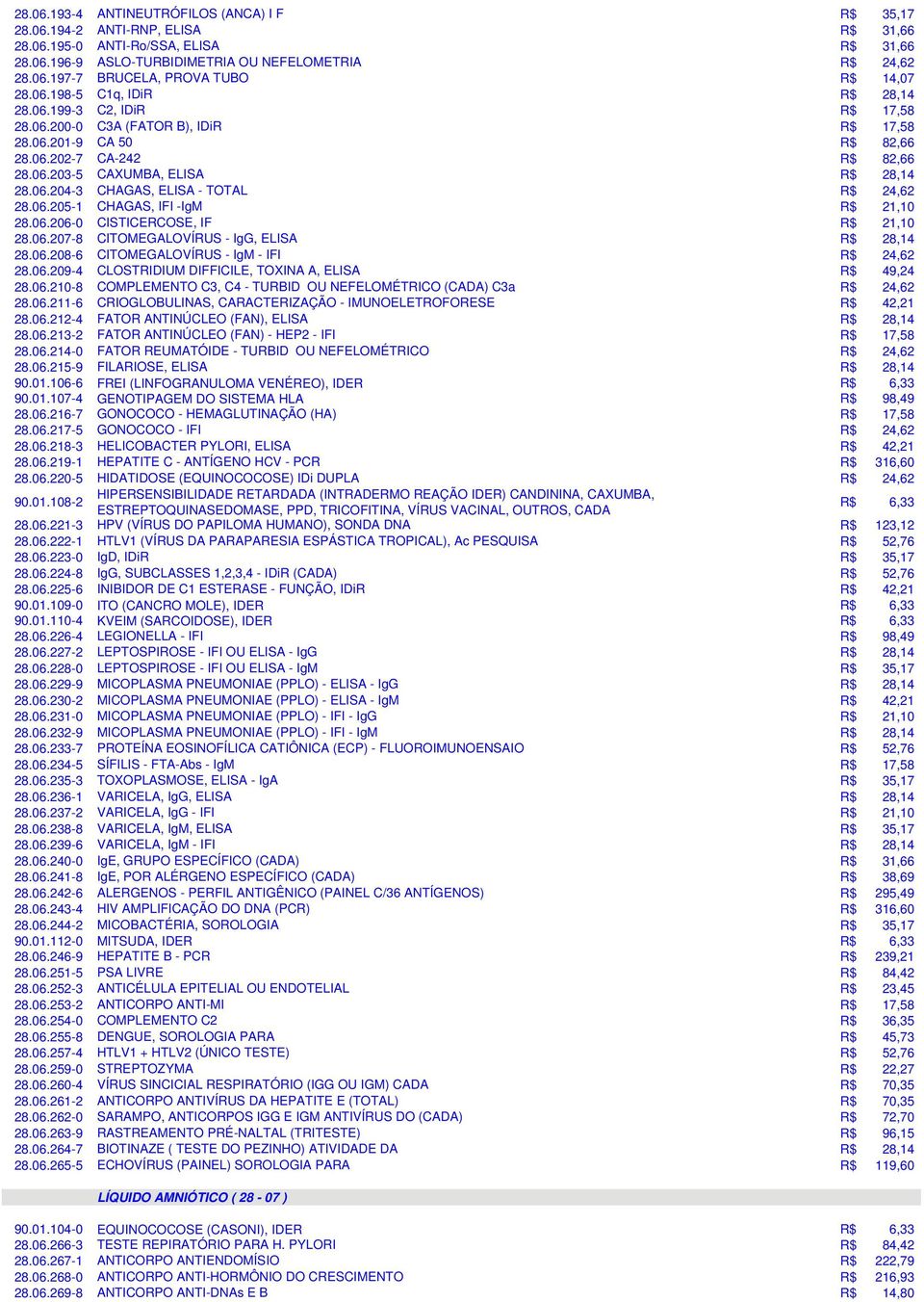 06.205-1 CHAGAS, IFI -IgM R$ 21,10 28.06.206-0 CISTICERCOSE, IF R$ 21,10 28.06.207-8 CITOMEGALOVÍRUS - IgG, ELISA R$ 28,14 28.06.208-6 CITOMEGALOVÍRUS - IgM - IFI R$ 24,62 28.06.209-4 CLOSTRIDIUM DIFFICILE, TOXINA A, ELISA R$ 49,24 28.