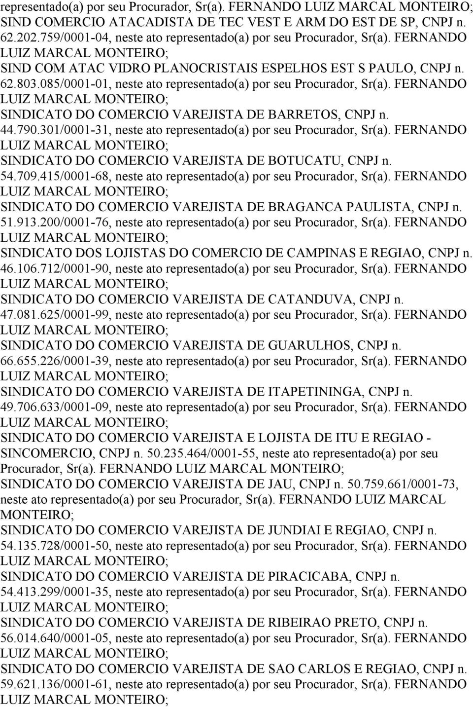 790.301/0001-31, neste ato representado(a) por seu, Sr(a). FERNANDO SINDICATO DO COMERCIO VAREJISTA DE BOTUCATU, CNPJ n. 54.709.415/0001-68, neste ato representado(a) por seu, Sr(a).