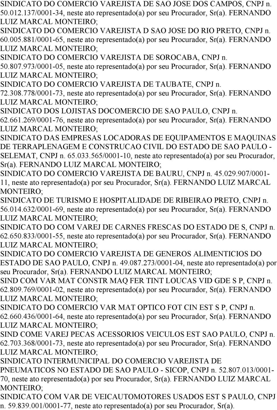 FERNANDO SINDICATO DO COMERCIO VAREJISTA DE TAUBATE, CNPJ n. 72.308.778/0001-73, neste ato representado(a) por seu, Sr(a). FERNANDO SINDICATO DOS LOJISTAS DOCOMERCIO DE SAO PAULO, CNPJ n. 62.661.