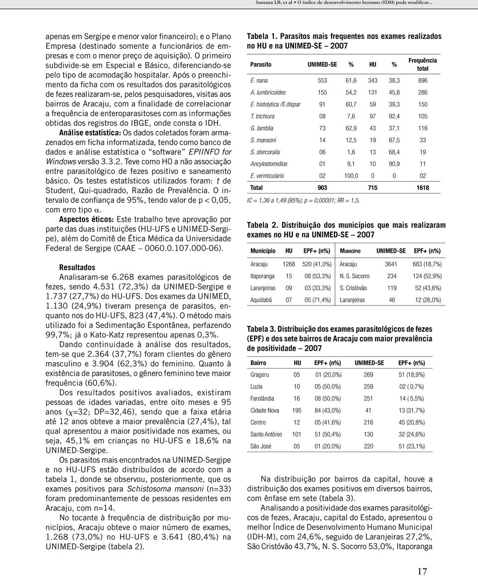 Após o preenchimento da ficha com os resultados dos parasitológicos de fezes realizaram-se, pelos pesquisadores, visitas aos bairros de Aracaju, com a finalidade de correlacionar a frequência de