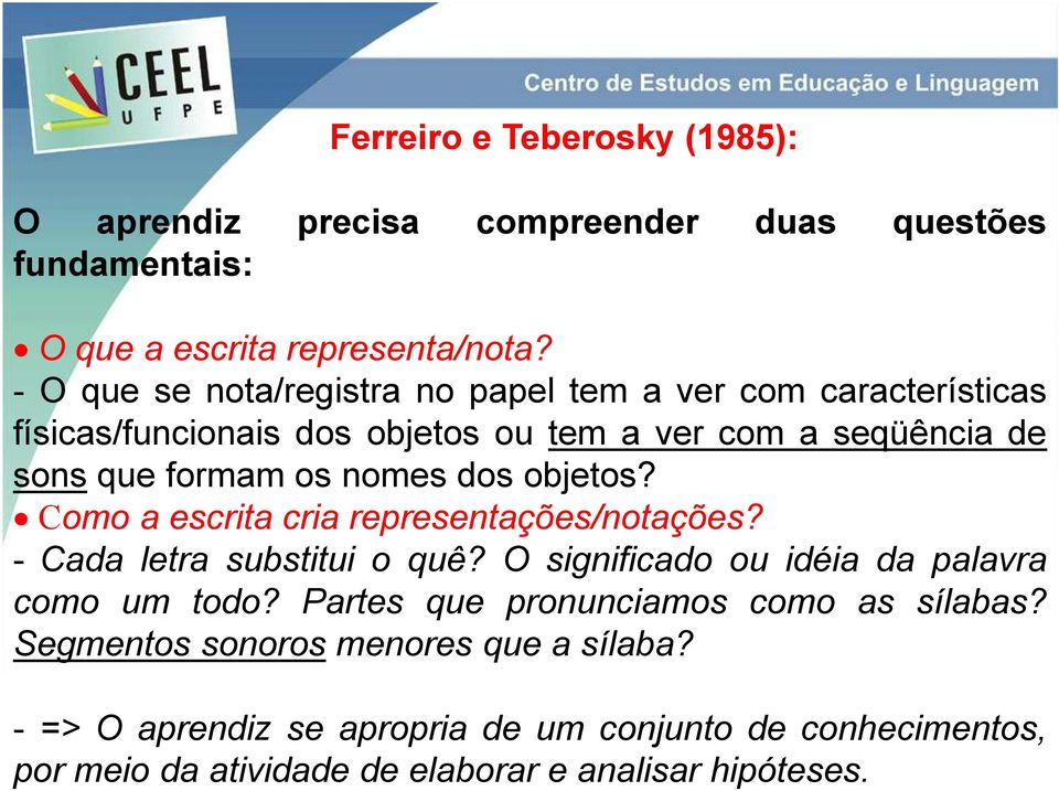 dos objetos? Como a escrita cria representações/notações? - Cada letra substitui o quê? O significado ou idéia da palavra como um todo?