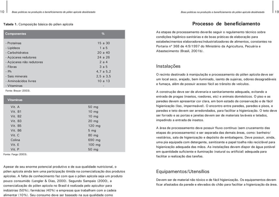 - Sais minerais 2,5 a 3,5 - Aminoácidos livres 10 a 13 - Vitaminas - Processo de beneficiamento As etapas de processamento deverão seguir o regulamento técnico sobre condições higiênico-sanitárias e