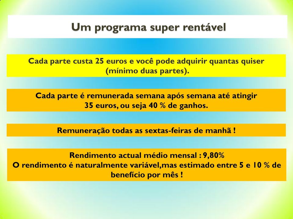 Cada parte é remunerada semana após semana até atingir 35 euros, ou seja 40 % de ganhos.