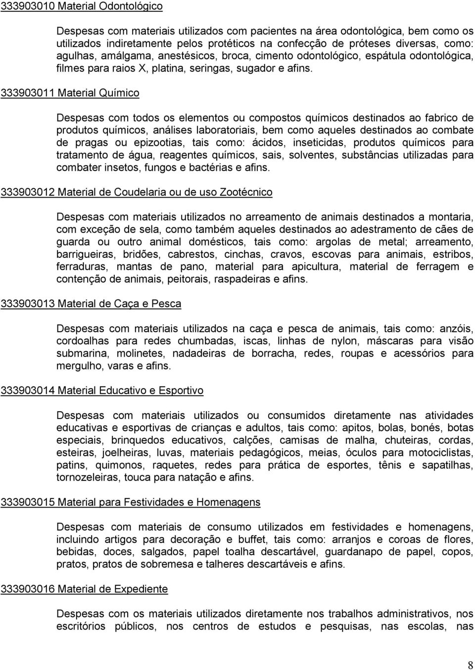 333903011 Material Químico Despesas com todos os elementos ou compostos químicos destinados ao fabrico de produtos químicos, análises laboratoriais, bem como aqueles destinados ao combate de pragas