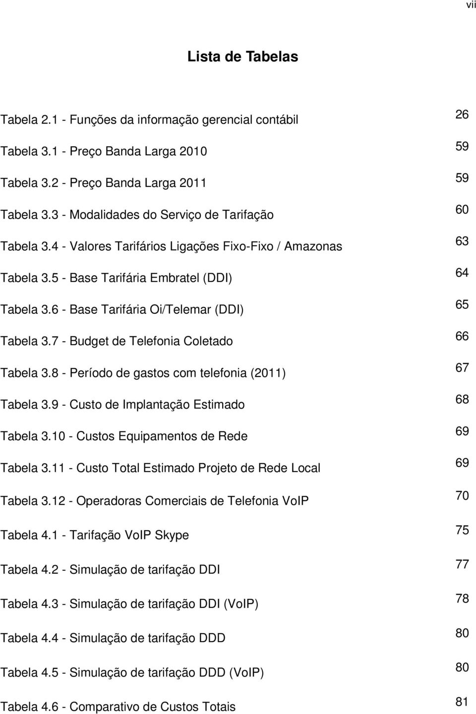 7 - Budget de Telefonia Coletado Tabela 3.8 - Período de gastos com telefonia (2011) Tabela 3.9 - Custo de Implantação Estimado Tabela 3.10 - Custos Equipamentos de Rede Tabela 3.