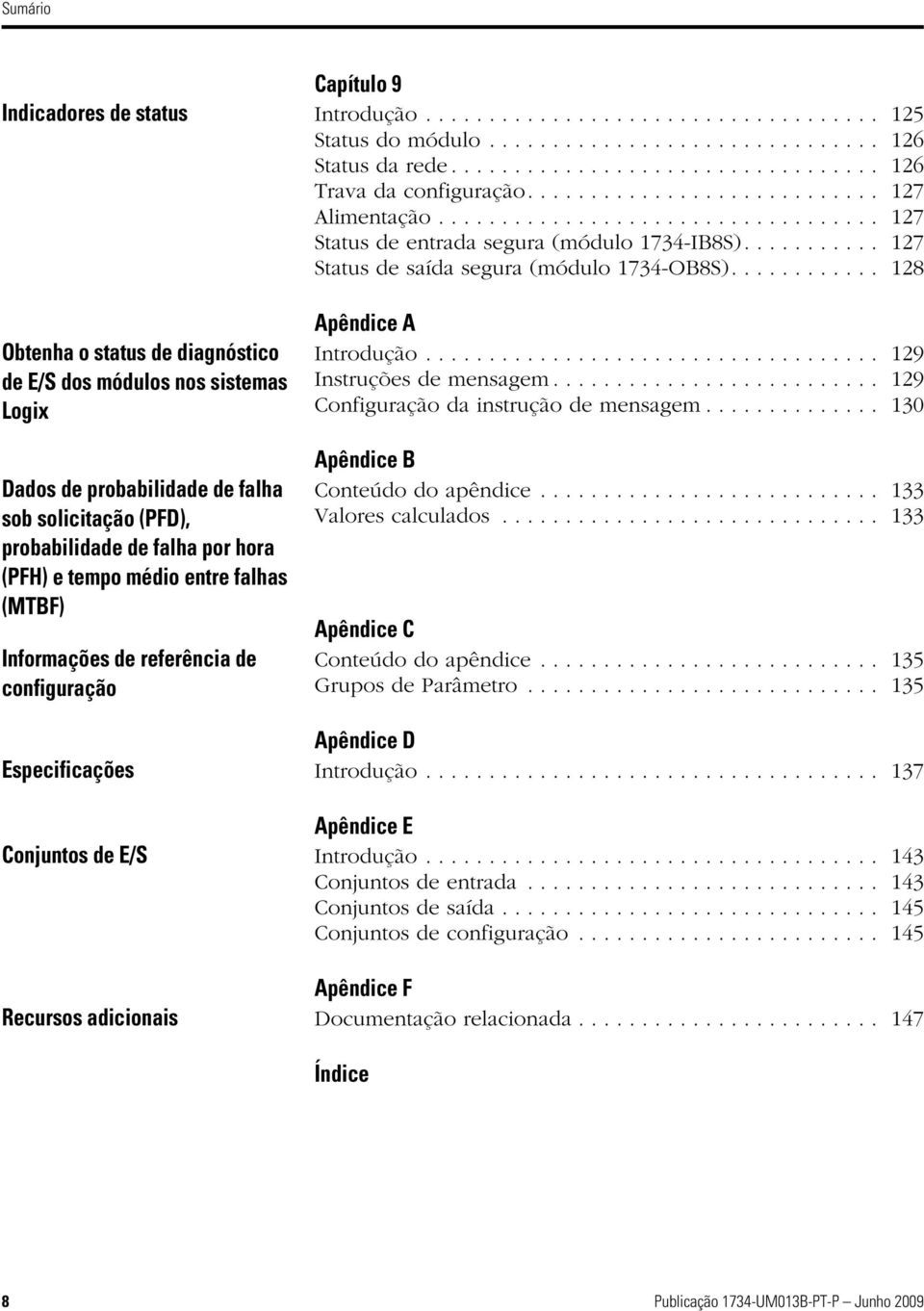 ........... 128 Obtenha o status de diagnóstico de E/S dos módulos nos sistemas Logix Dados de probabilidade de falha sob solicitação (PFD), probabilidade de falha por hora (PFH) e tempo médio entre