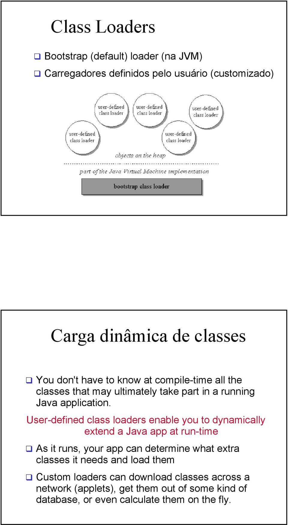 User-defined class loaders enable you to dynamically extend a Java app at run-time As it runs, your app can determine what extra