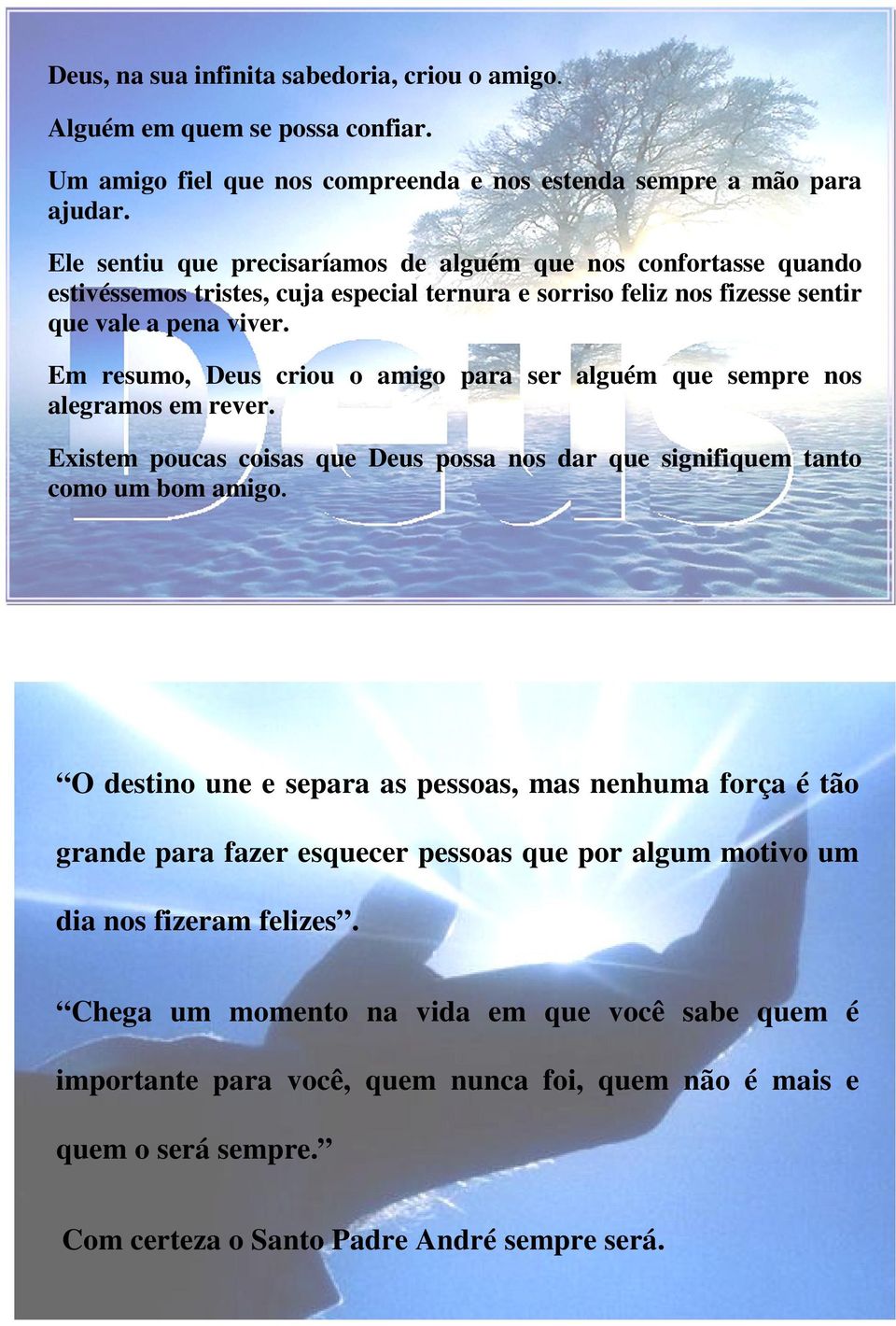 Em resumo, Deus criou o amigo para ser alguém que sempre nos alegramos em rever. Existem poucas coisas que Deus possa nos dar que signifiquem tanto como um bom amigo.