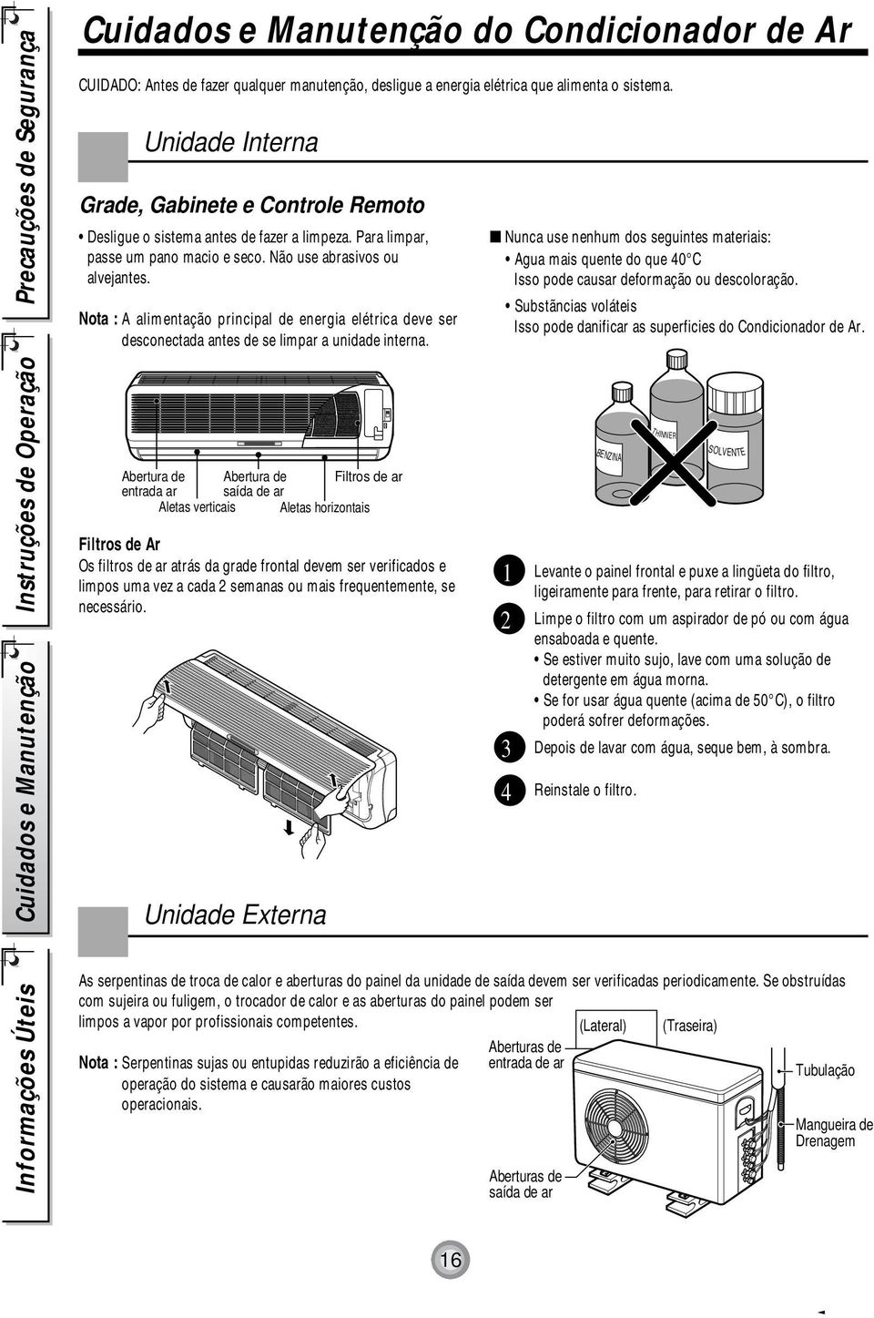 Nota : A alimentação principal de energia elétrica deve ser desconectada antes de se limpar a unidade interna.