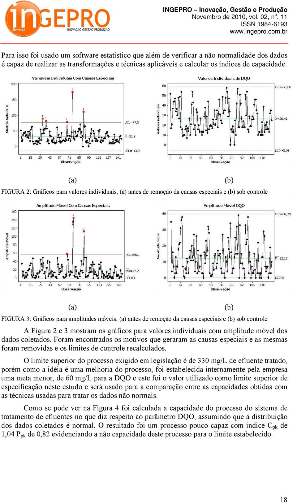 especiais e (b) sob controle A Figura 2 e 3 mostram os gráficos para valores individuais com amplitude móvel dos dados coletados.