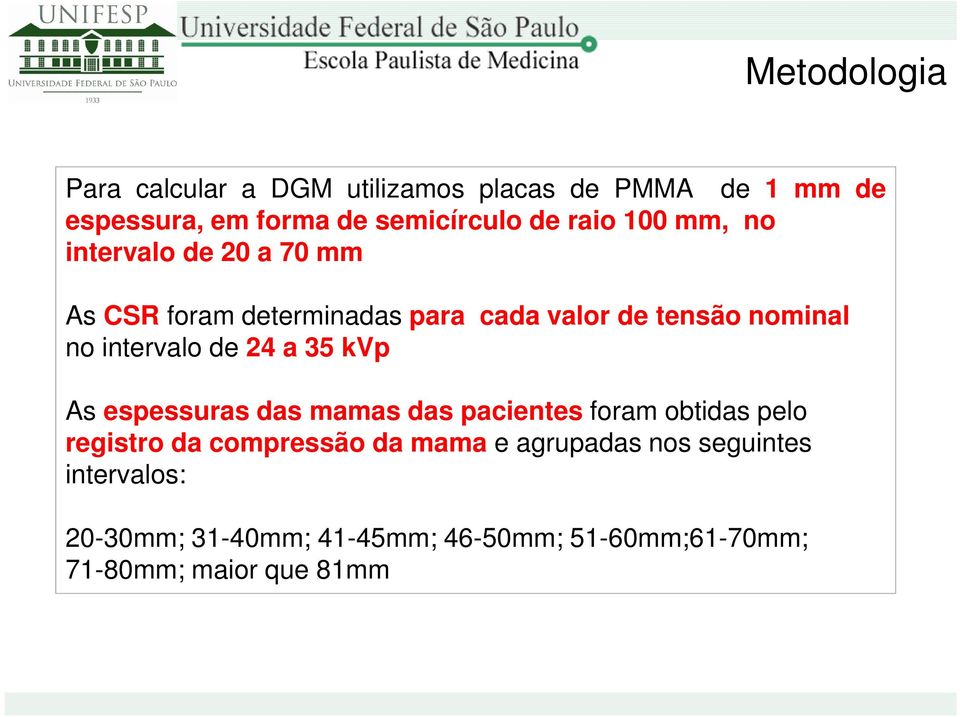 intervalo de 24 a 35 kvp As espessuras das mamas das pacientes foram obtidas pelo registro da compressão da