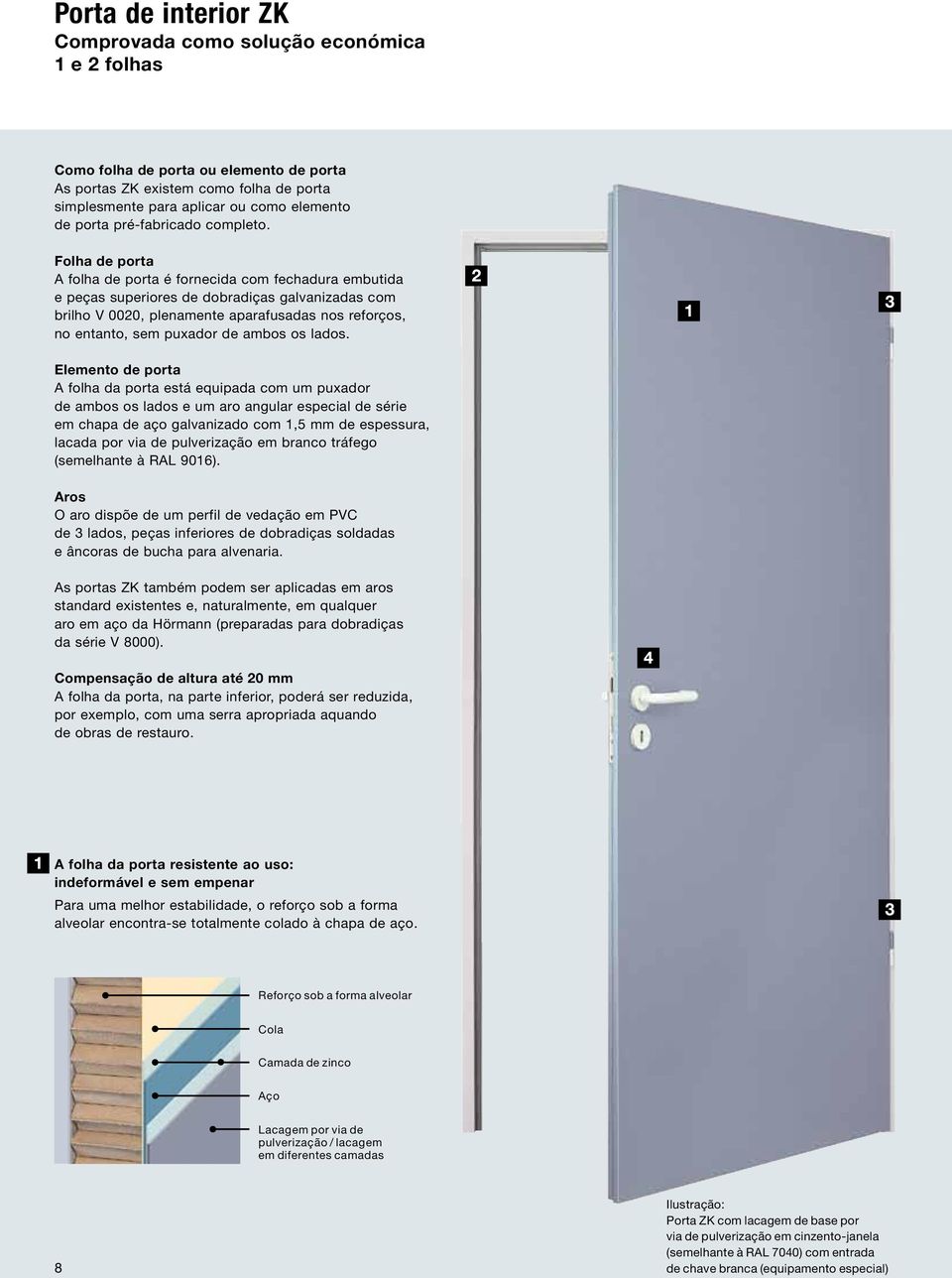 Folha de porta A folha de porta é fornecida com fechadura embutida e peças superiores de dobradiças galvanizadas com brilho V 0020, plenamente aparafusadas nos reforços, no entanto, sem puxador de