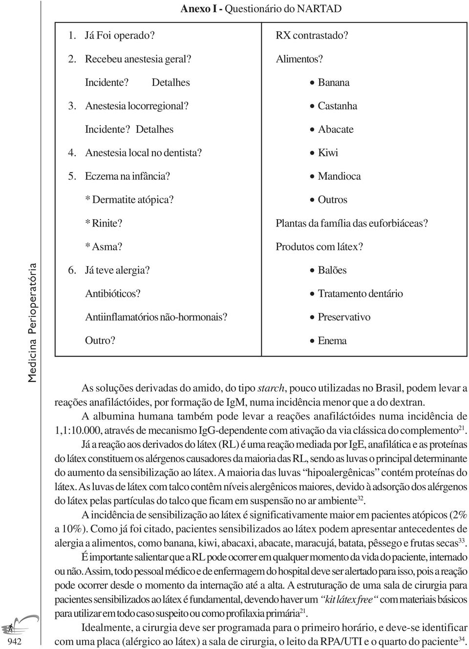 942 Medicina Perioperatória 6. Já teve alergia? Antibióticos? Antiinflamatórios não-hormonais? Outro?