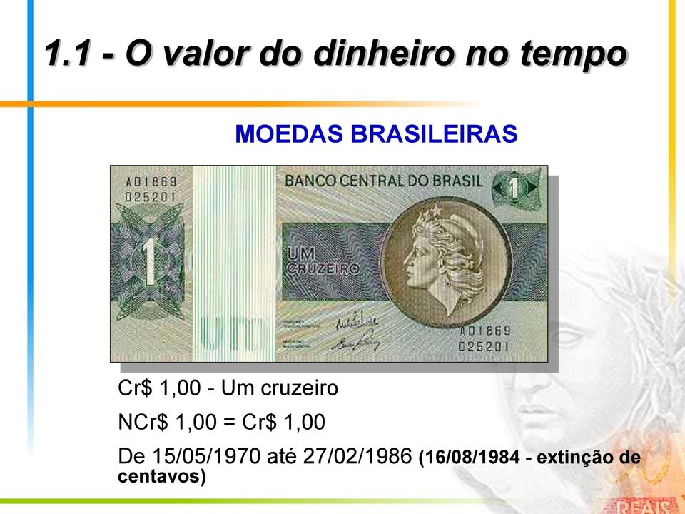 cruzeiro NCr$ 1,00 = Cr$ 1,00 De