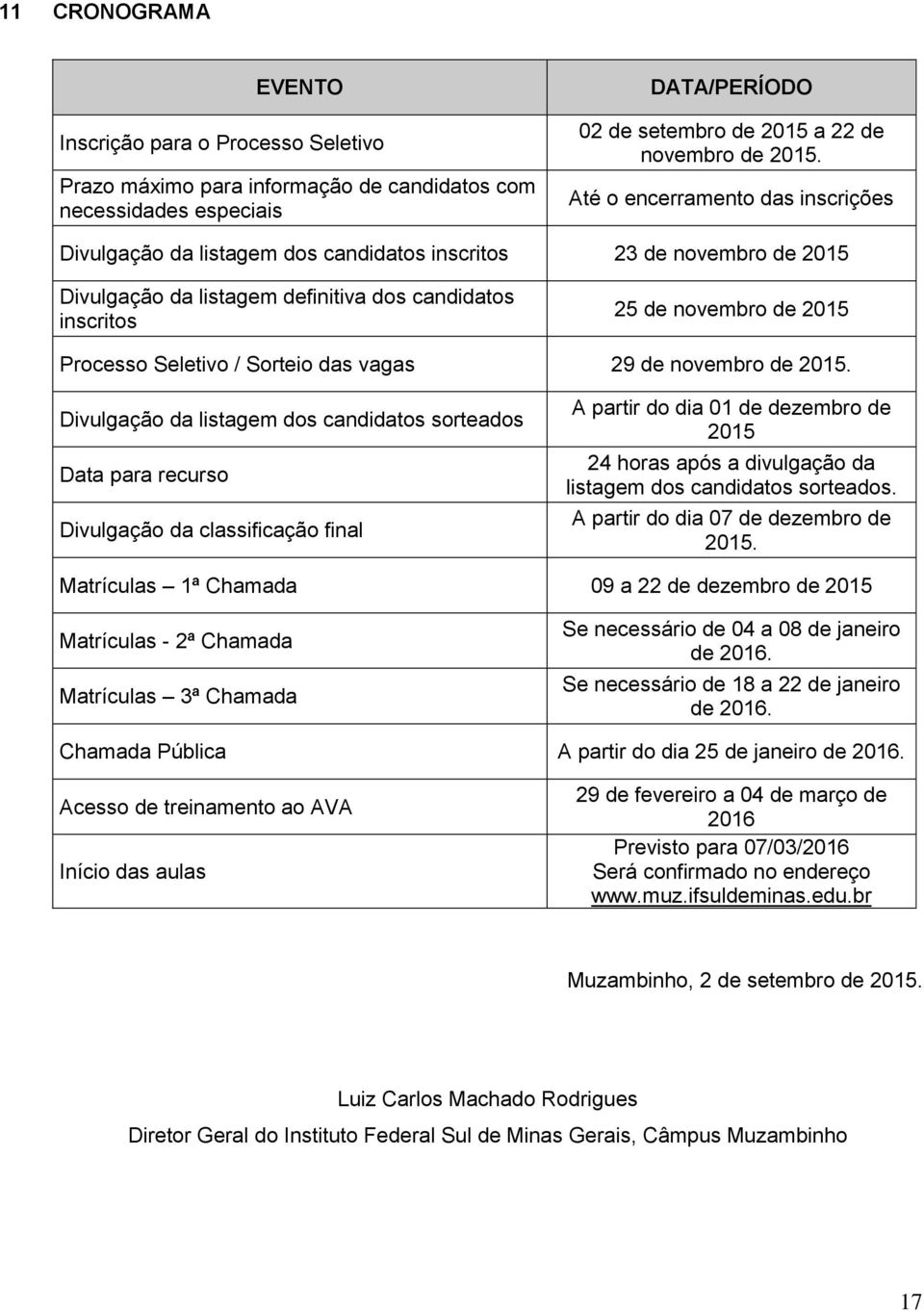 Seletivo / Sorteio das vagas 29 de novembro de 2015.