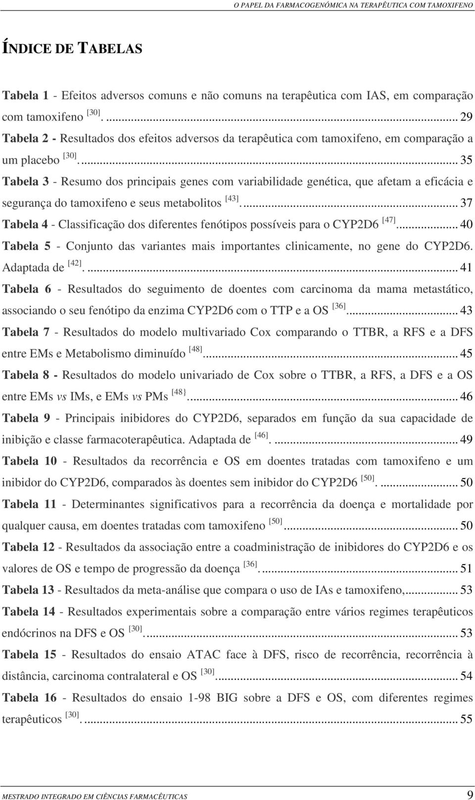 .. 35 Tabela 3 - Resumo dos principais genes com variabilidade genética, que afetam a eficácia e segurança do tamoxifeno e seus metabolitos [43].