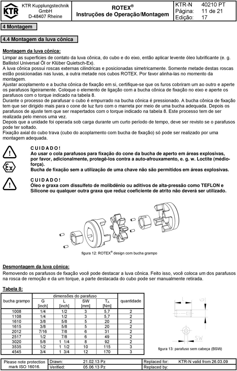 Somente metade destas roscas estão posicionadas nas luvas, a outra metade nos cubos ROTEX. Por favor alinha-las no momento da montagem.