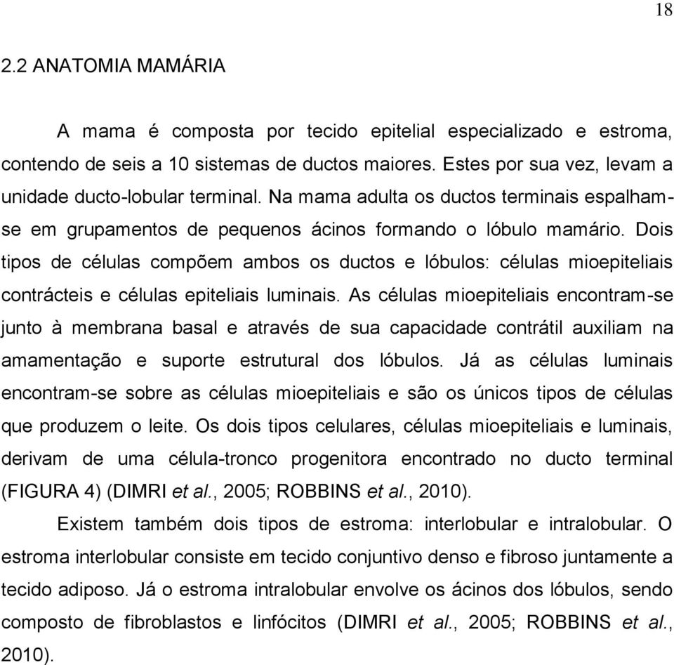 Dois tipos de células compõem ambos os ductos e lóbulos: células mioepiteliais contrácteis e células epiteliais luminais.